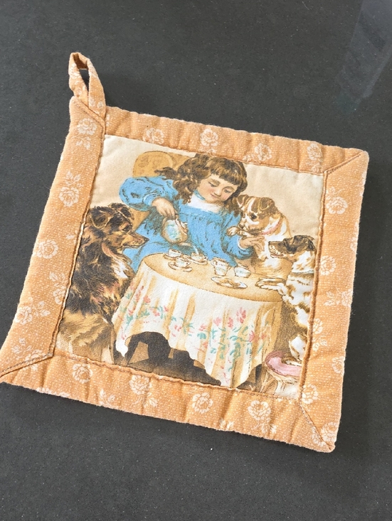 Handmade Other - Vintage Style Orange Cotton Potholder with Tea Party Print